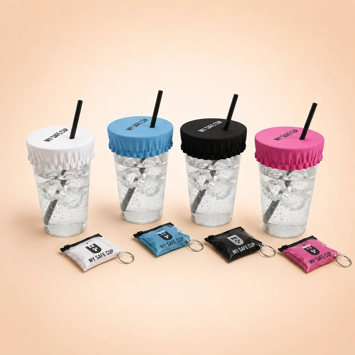 Protections de verre anti-drogue porte-clés My Safe Cup blanche, bleue, noire et rose avec leurs étuis