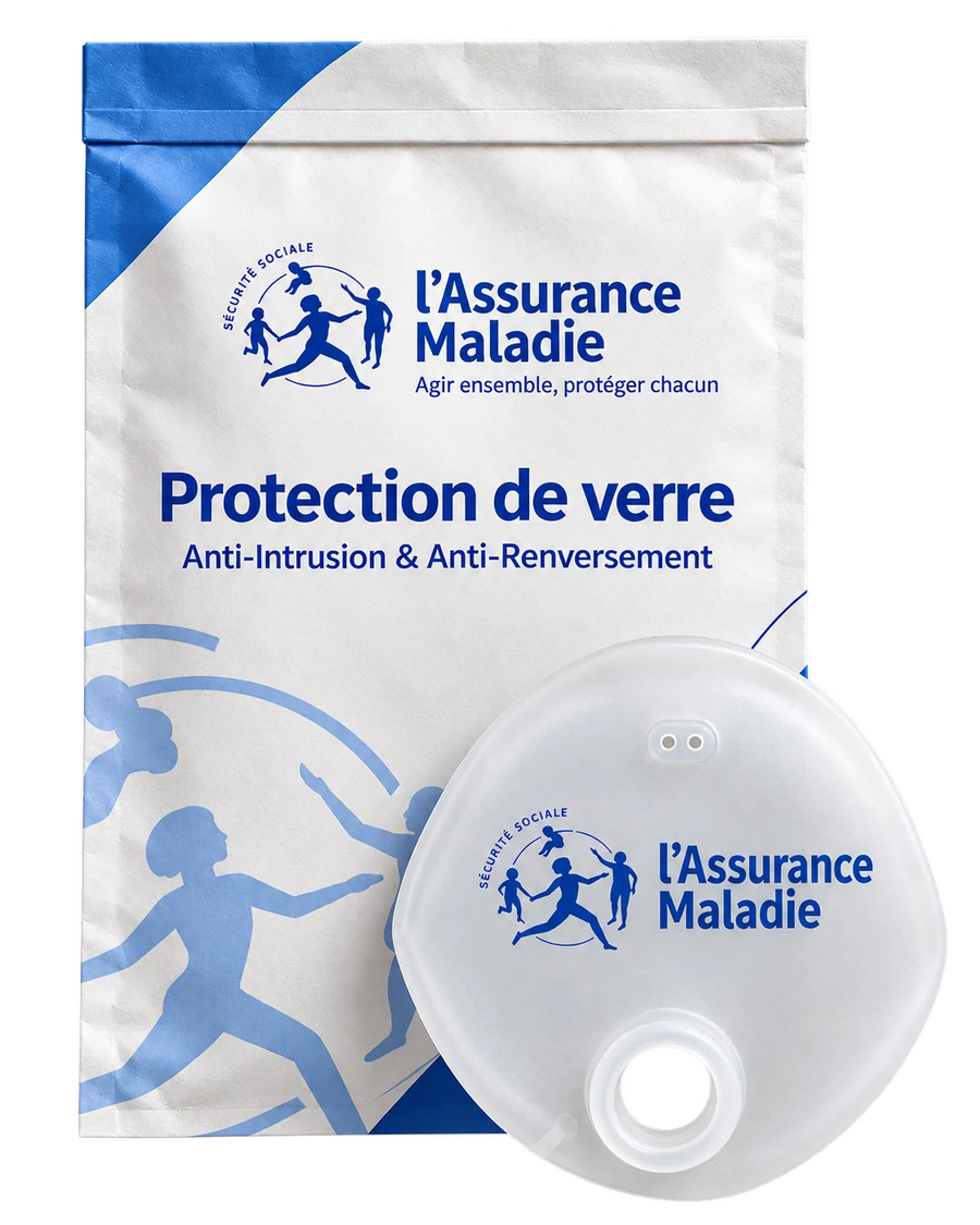 Protection de verre My Safe Cup et son packaging aux couleurs et au logo de l'Assurance Maladie