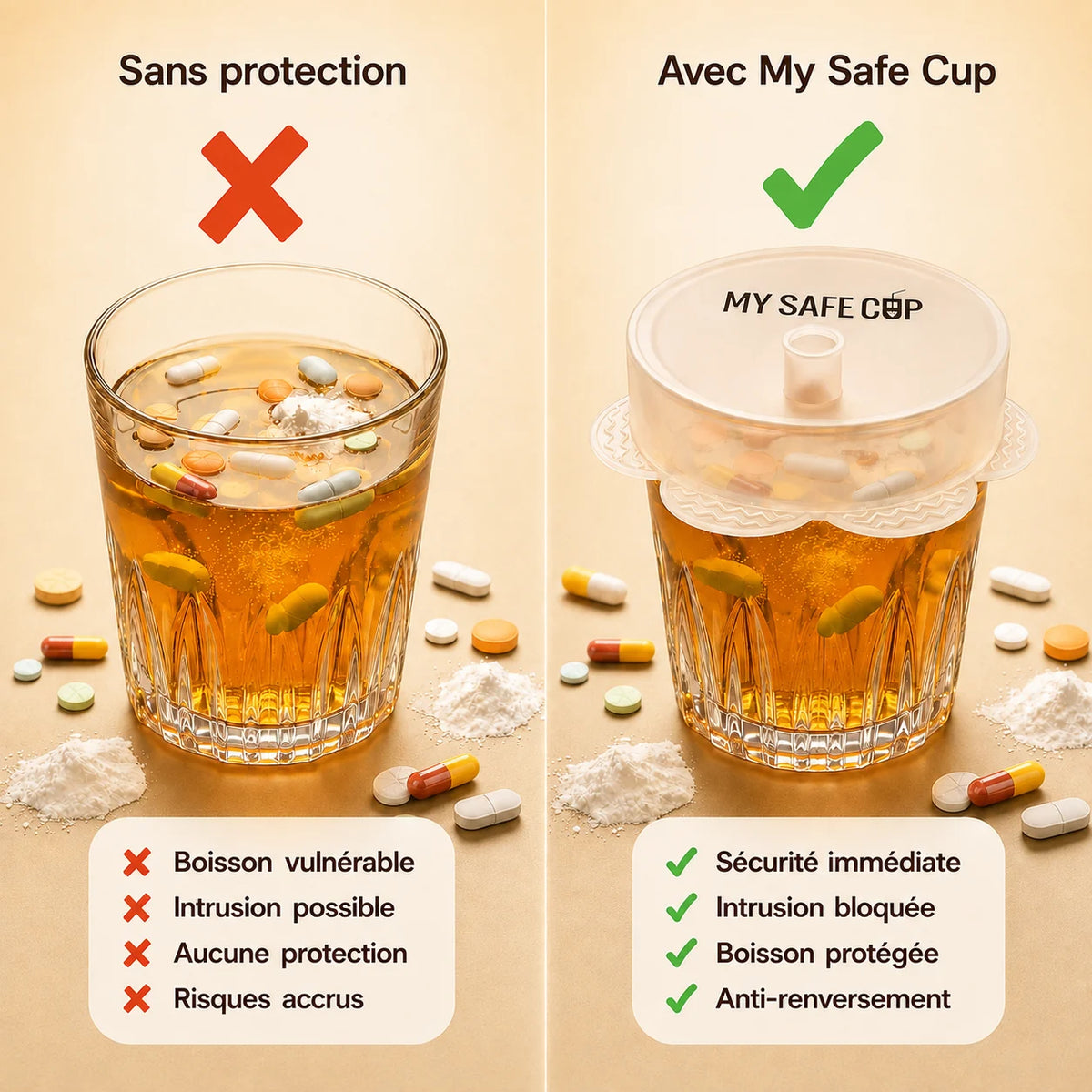 Comparatif : verre sans protection et verre protégé par la capote de verre biberon My Safe Cup