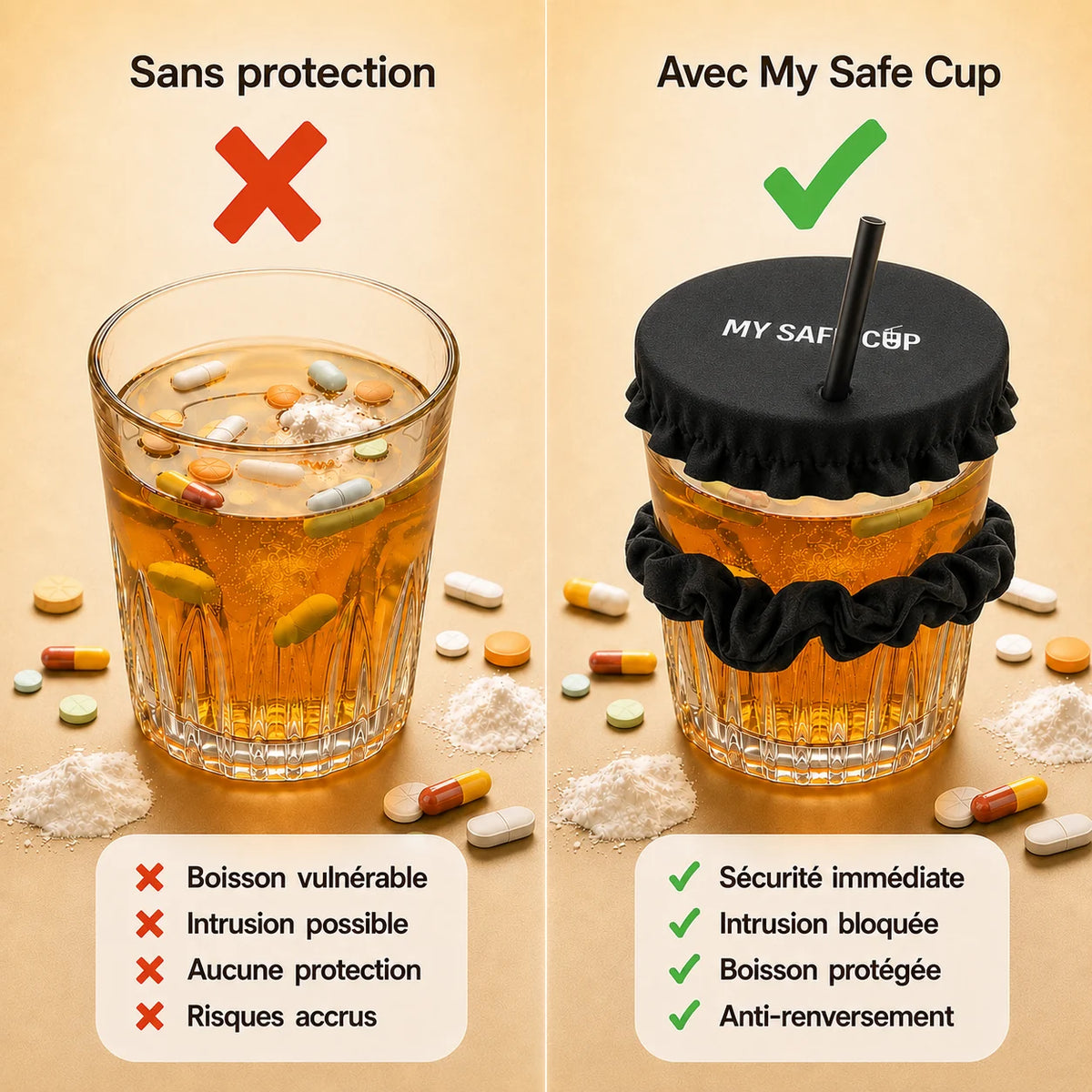 Comparatif : un verre protégé par un chouchou My Safe Cup face à un verre non protégé