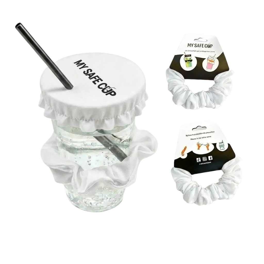 Chouchou anti-drogue My Safe Cup blanc : protection de verre et accessoire pour cheveux