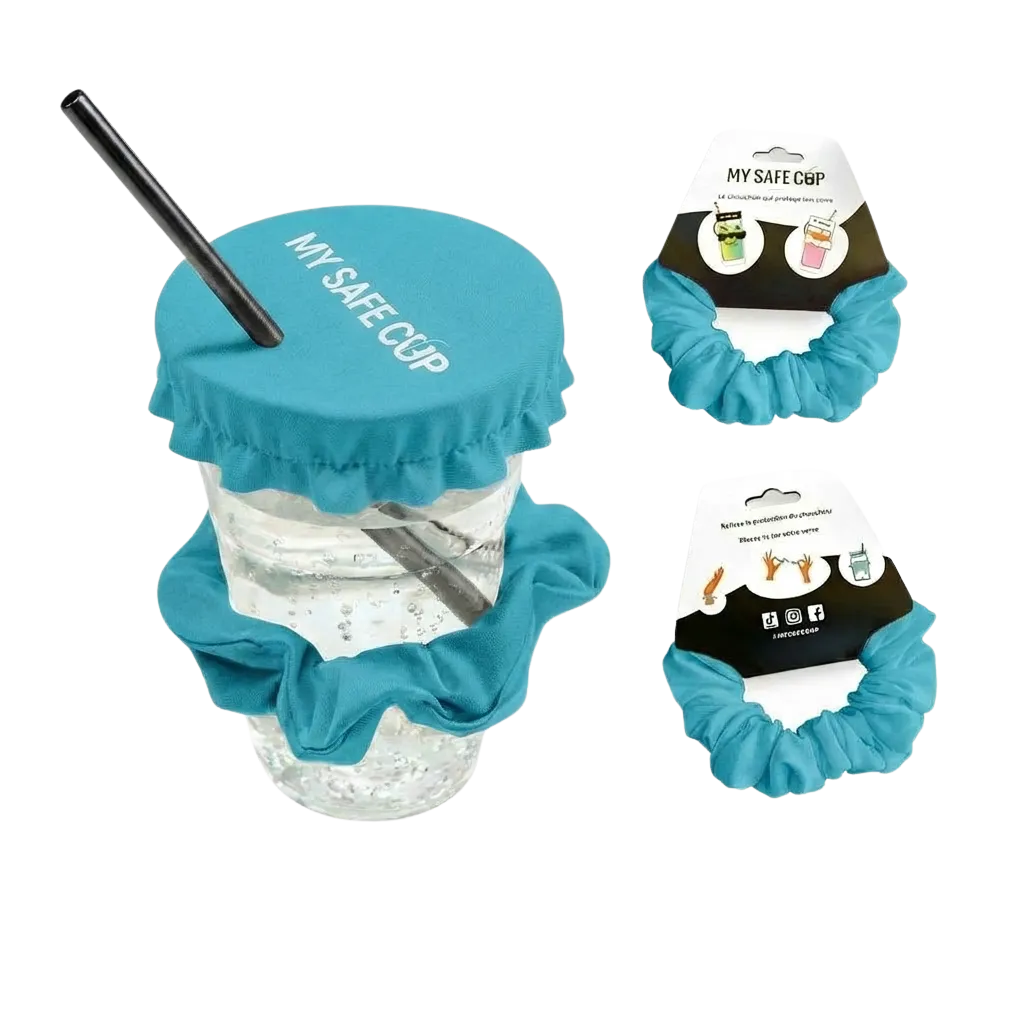 Chouchou anti-drogue My Safe Cup bleu : protection de verre et accessoire pour cheveux