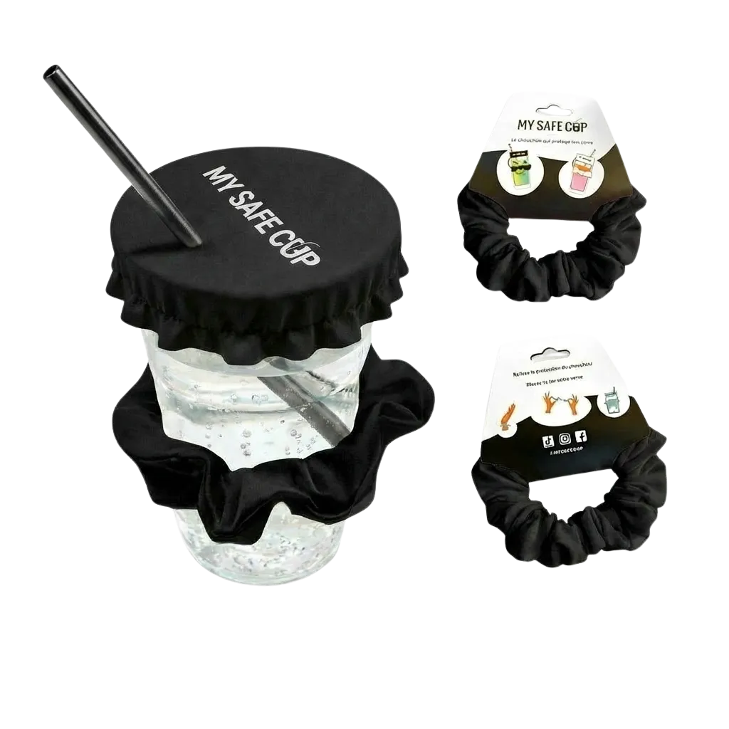Chouchou anti-drogue My Safe Cup noir : protection de verre et accessoire pour cheveux