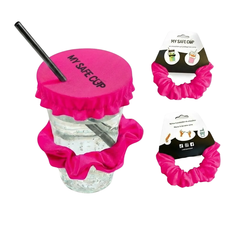 Chouchou anti-drogue My Safe Cup rose : protection de verre et accessoire pour cheveux