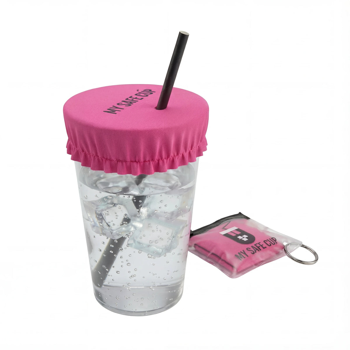 Protection de verre anti-drogue porte-clés My Safe Cup rose sur un gobelet, avec son étui