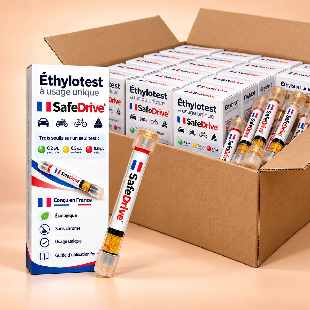 Présentation professionnelle des éthylotests Safe Drive en grande quantité